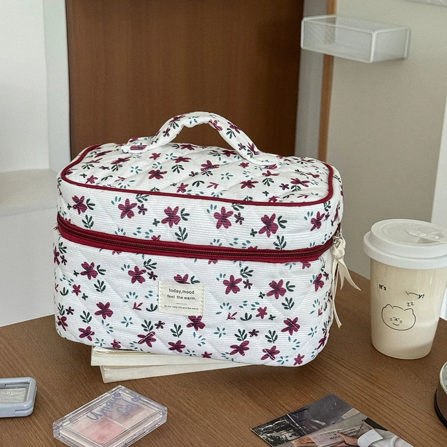 Trousse maquillage à fleurs – Velours côtelé pratique et chic