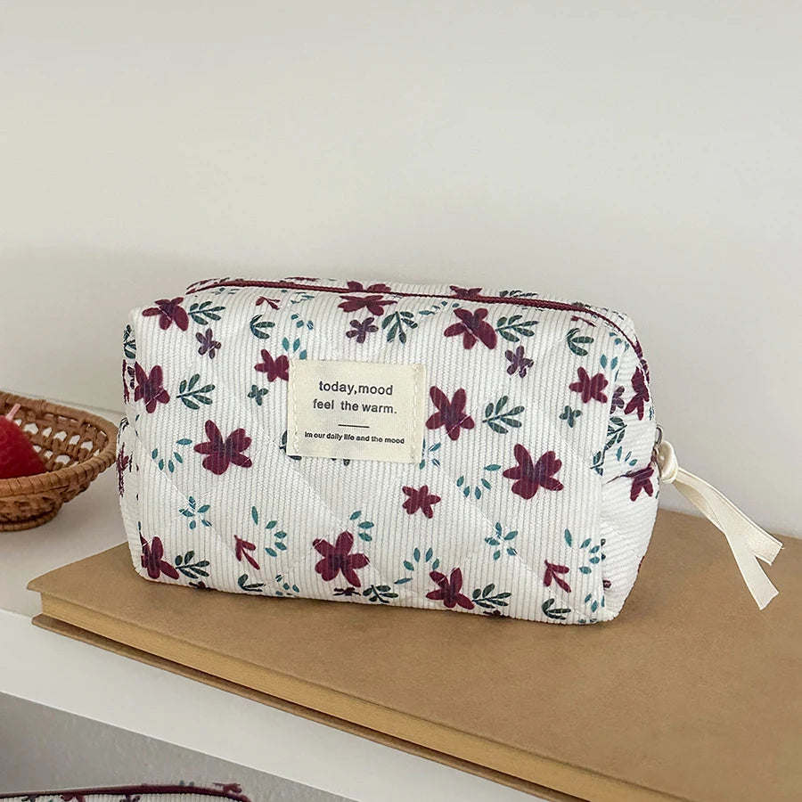 Trousse maquillage à fleurs – Velours côtelé pratique et chic
